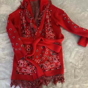 SHEIN Red and White Textured Knit Fringe Cardigan
